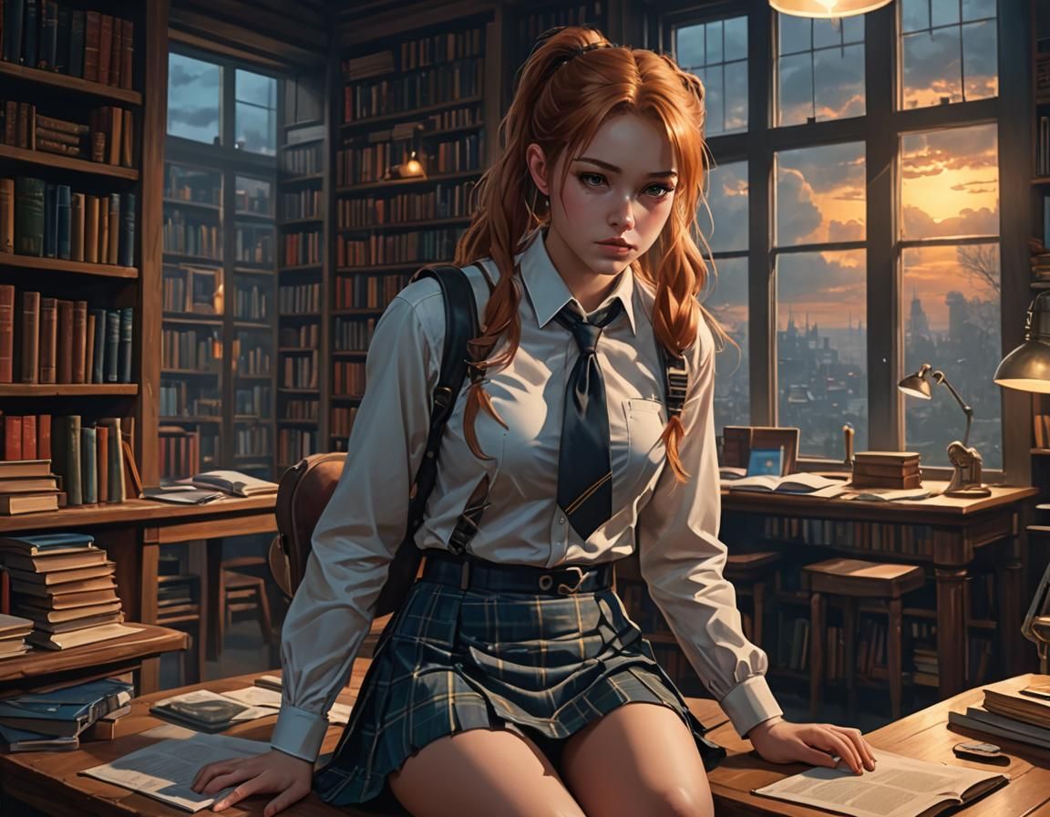 Post-Apocalyptic Schoolgirl in Library, Acrylic Painting