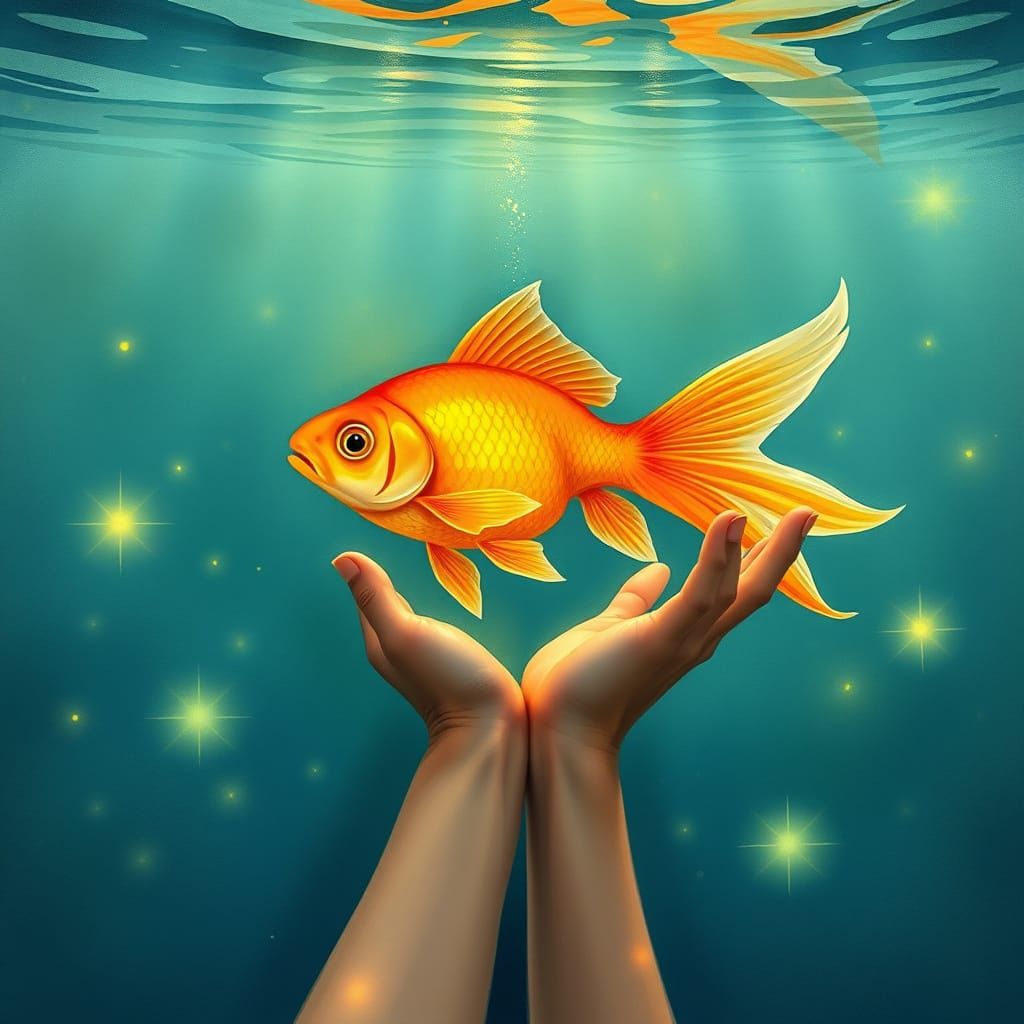 A Person Grasping for a Gleaming Goldfish in a Dreamlike Aqu...