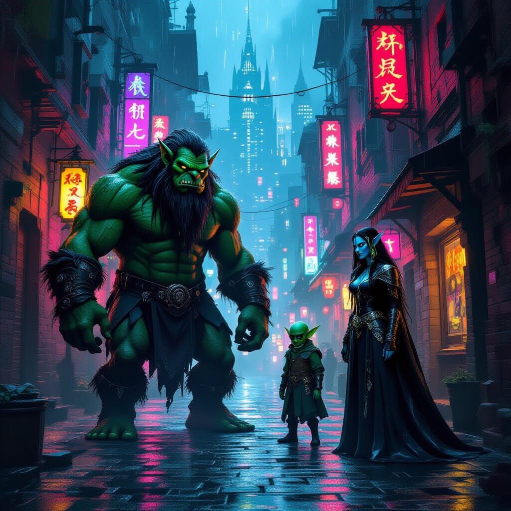 Urban Fantasy City Creatures in Neon Alley
