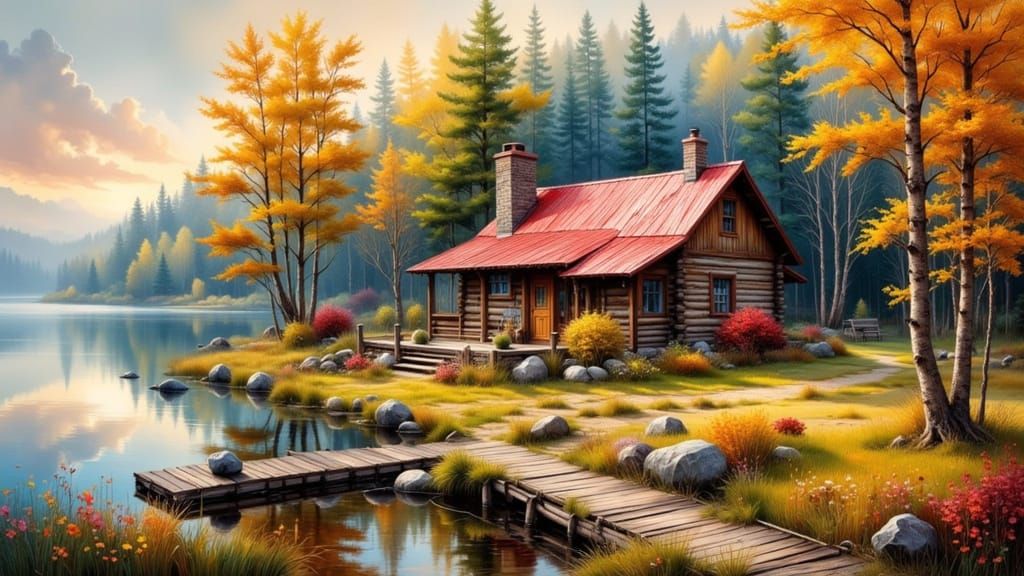 Cozy Cabin by Lake in Impasto Oil Painting Style