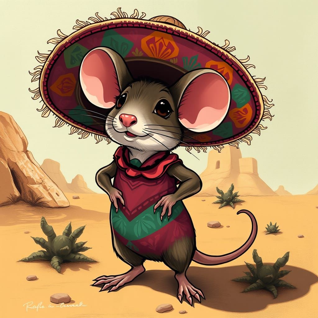 Mouse in Sombrero: Anime Style Western Scene