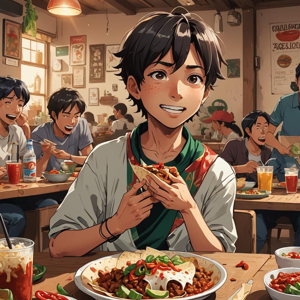 Boy's Spicy Burrito Reaction in Anime Style