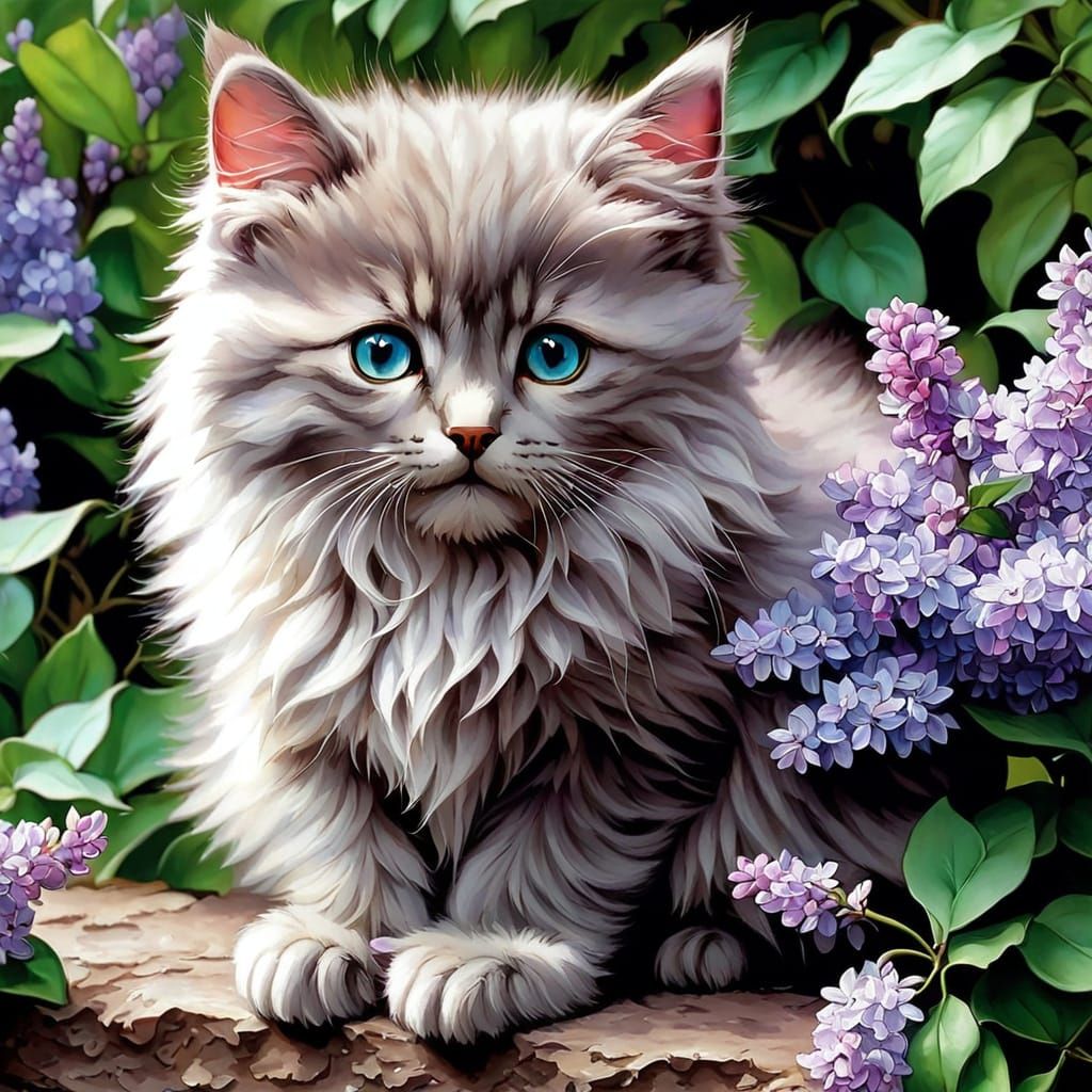 Fluffy Kitten in Whimsical Lilac Bloom