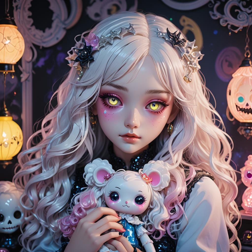 Anime Girl Cuddling Horror Doll in Neon Bedroom