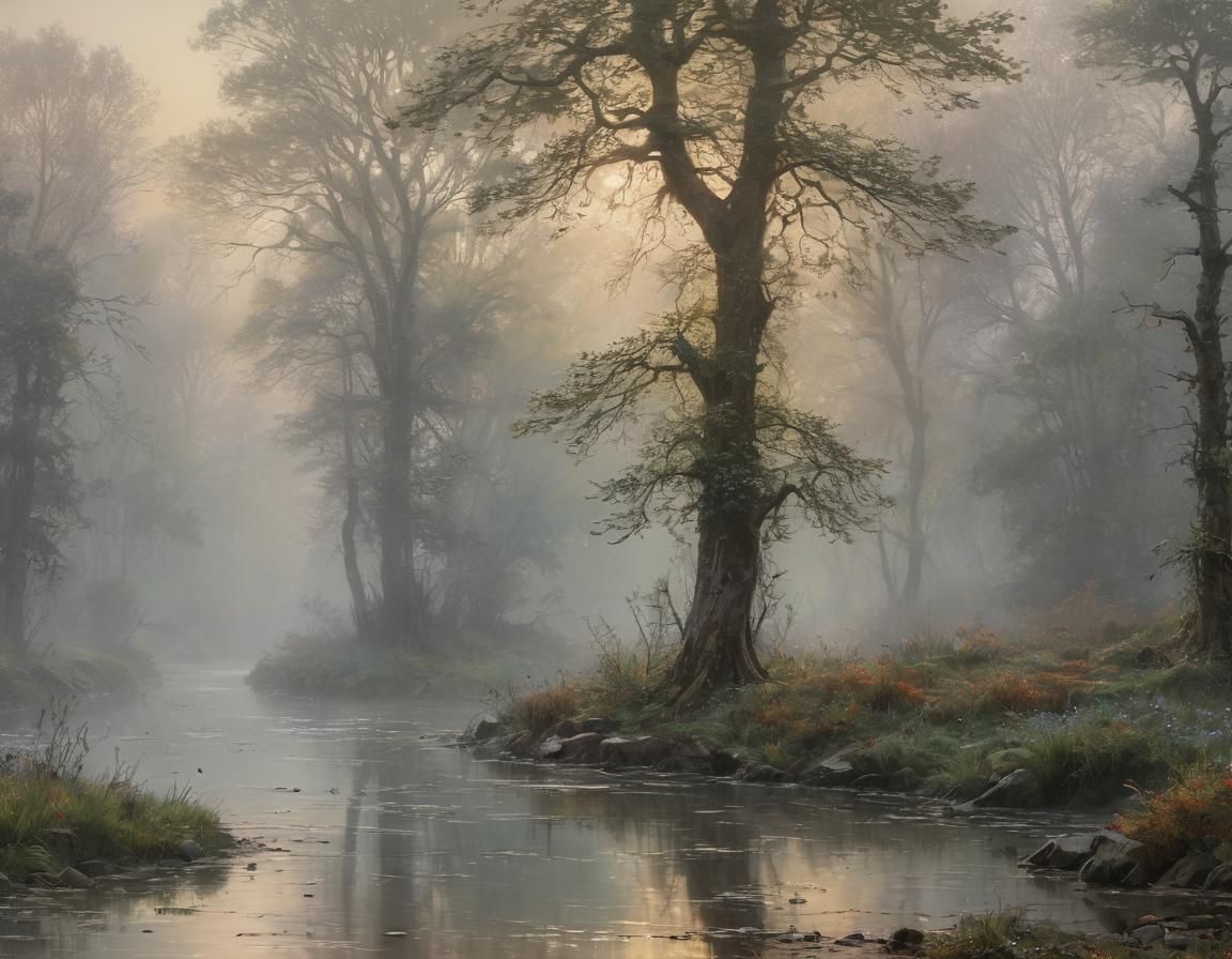A painting by Johan Jongkind, kerem beyit, thomas kinkade cfg _ scale 8, foggy morning Paint a dreamy hazy breezy wet on...