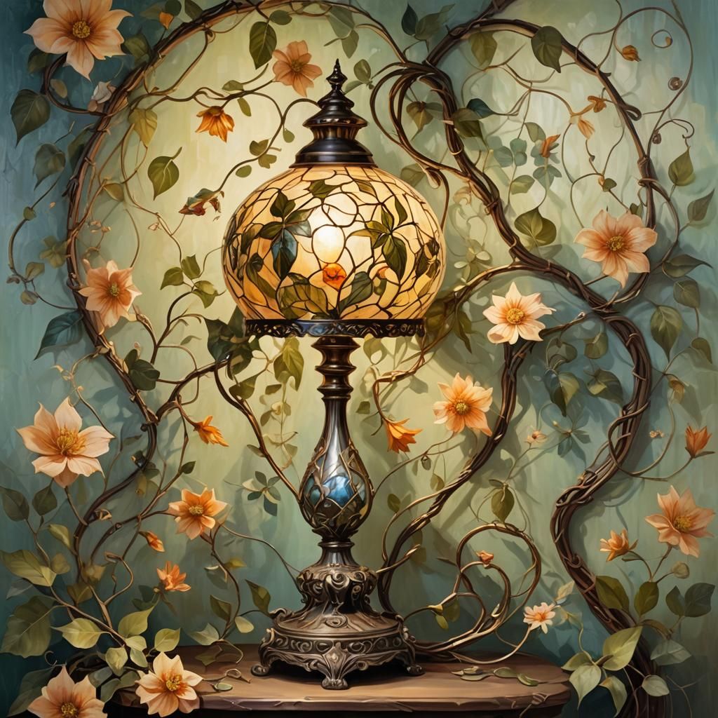 Create an exquisite, unconventional lamp set in a dreamlike, enchanting scene. The lamp features a stunning fusion of gl...