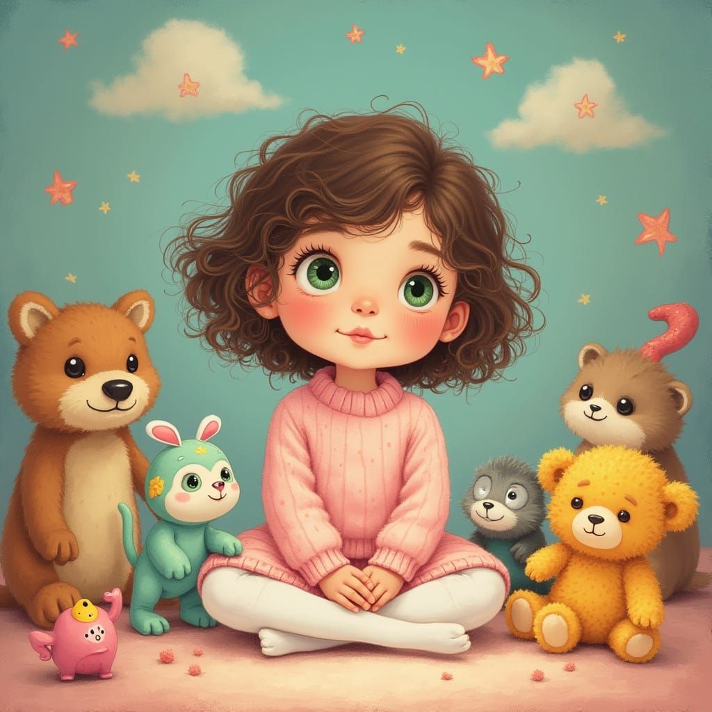 Whimsical Girl Surrounded by Toys in a Dreamy Atmosphere