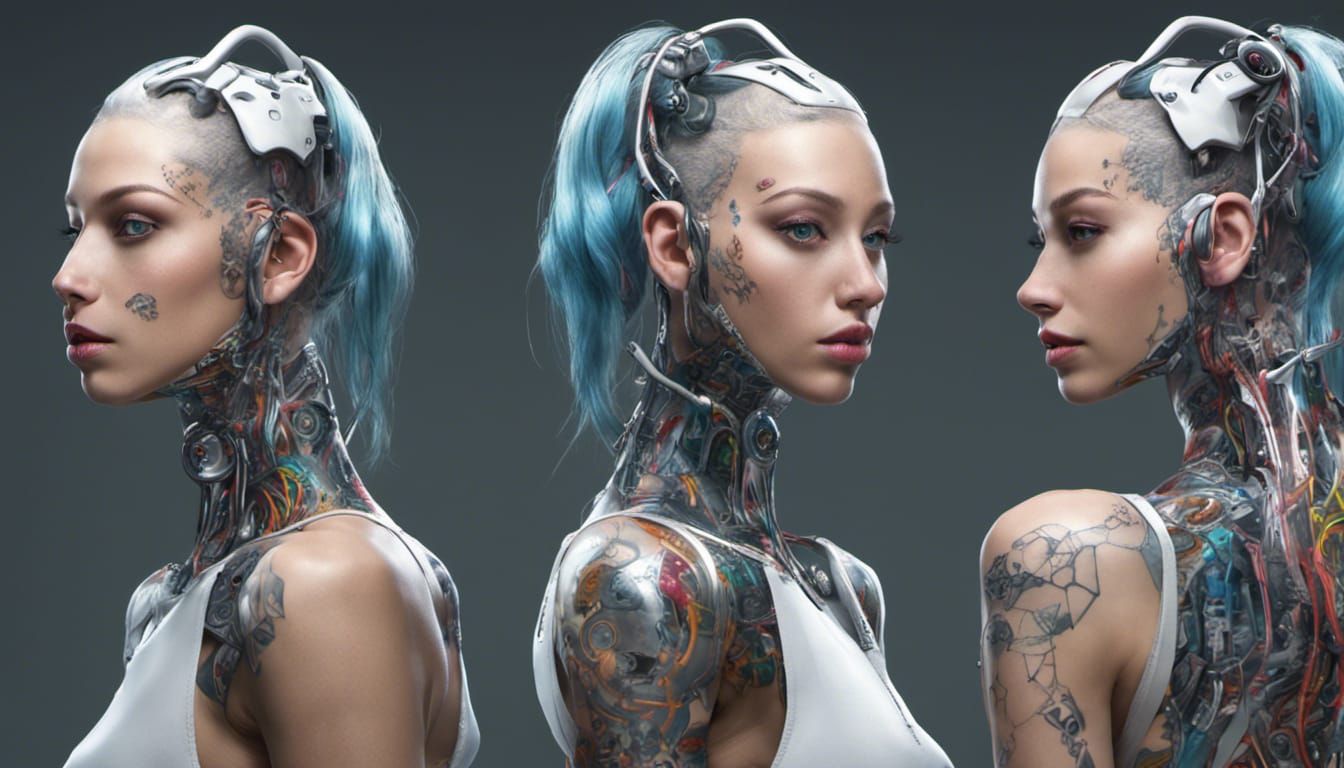 Blue-Haired Cyborg Girl with Cybernetic Implants