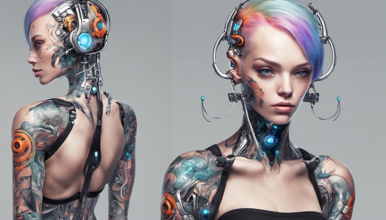 Tattooed Cyberpunk Girl Portrait with Cybernetic Implants