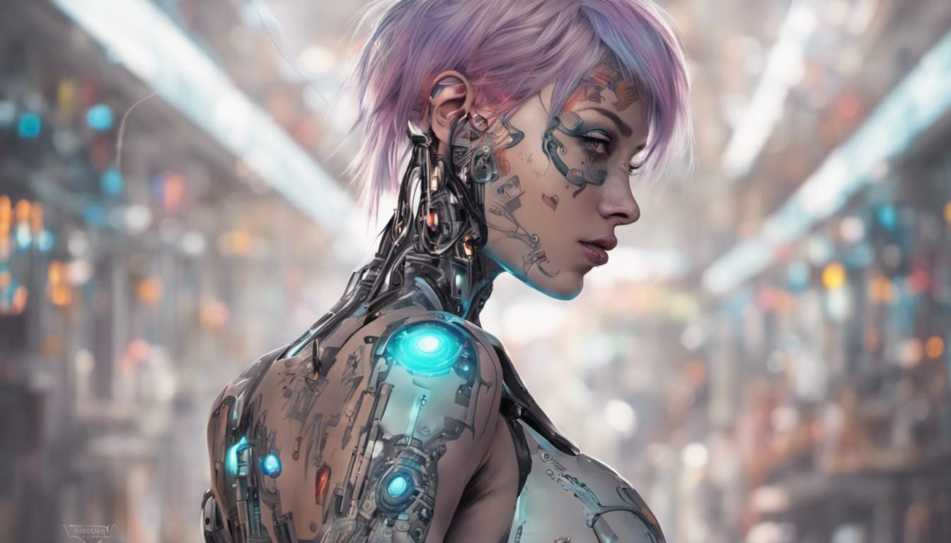 Cyborg Girl with Tattoos and Cybernetic Implants