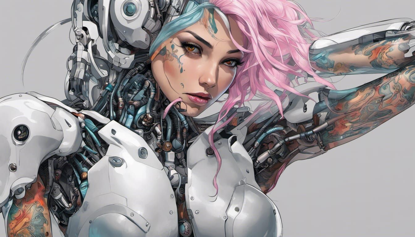 Cyberpunk Cyborg Girl with Tattoos and Colorful Hair