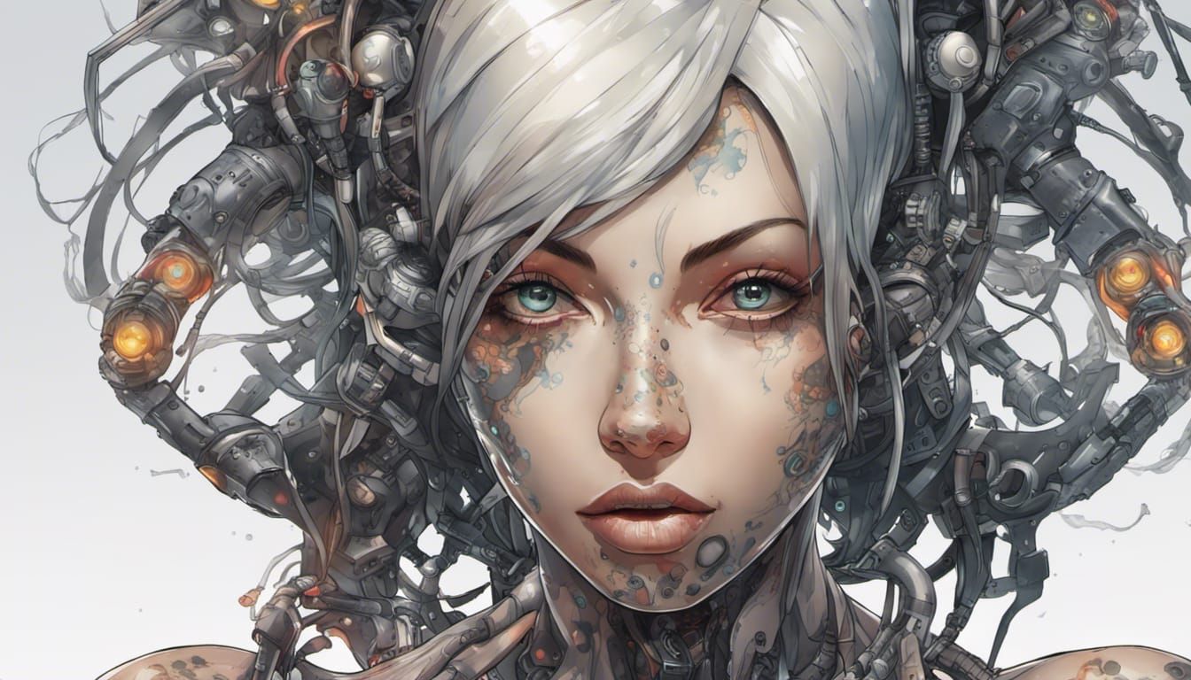 Cybernetic Girl Portrait with Tattoos and Implants