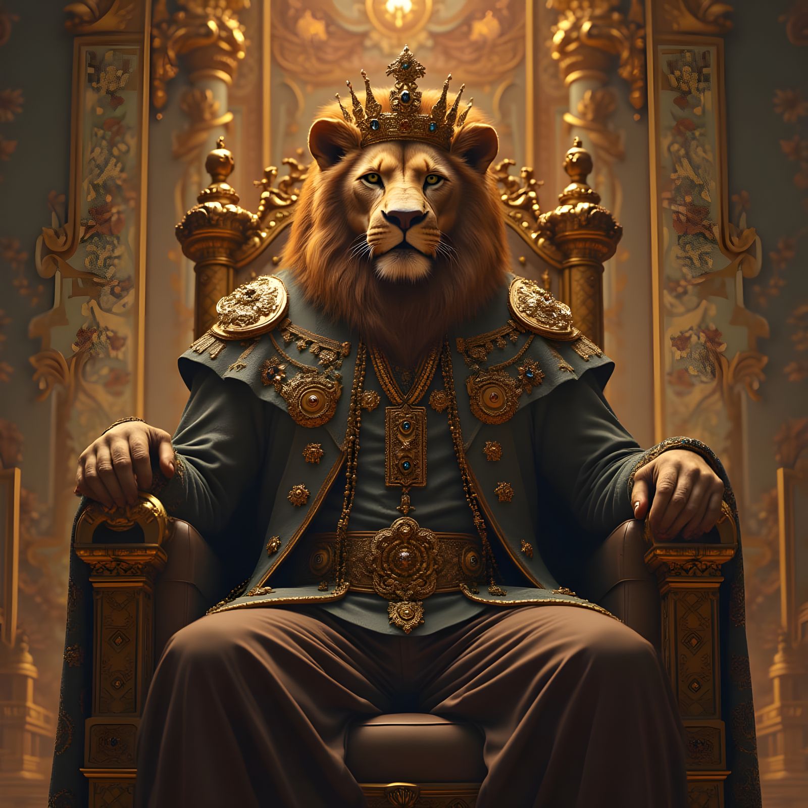 Lion King on Gold Throne in Ornate Palace