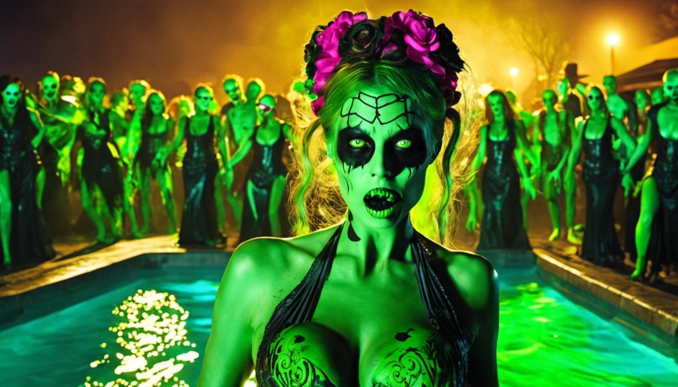 Zombie Halloween Pool Party in Graveyard