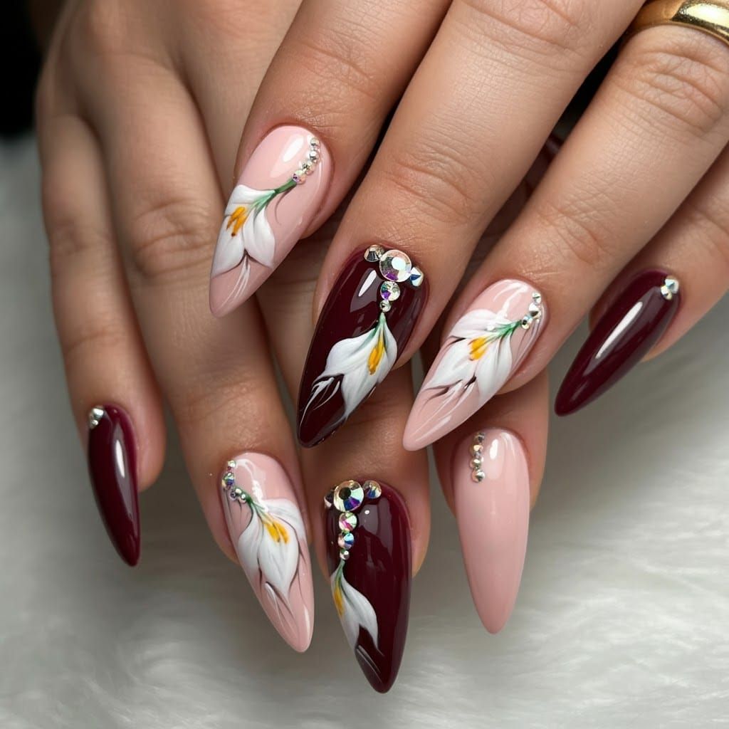 Burgundy and Pink Lily Nail Art in Art Deco Style