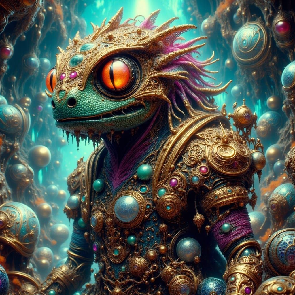 Reptilian in Rococo Sci-Fi Ink-Wash Style