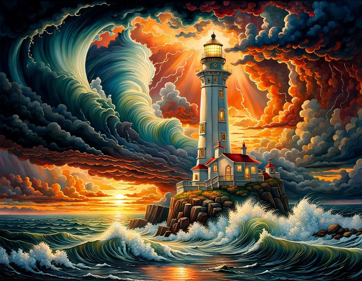 Majestic Lighthouse in Storm at Sunset: Dark Fantasy