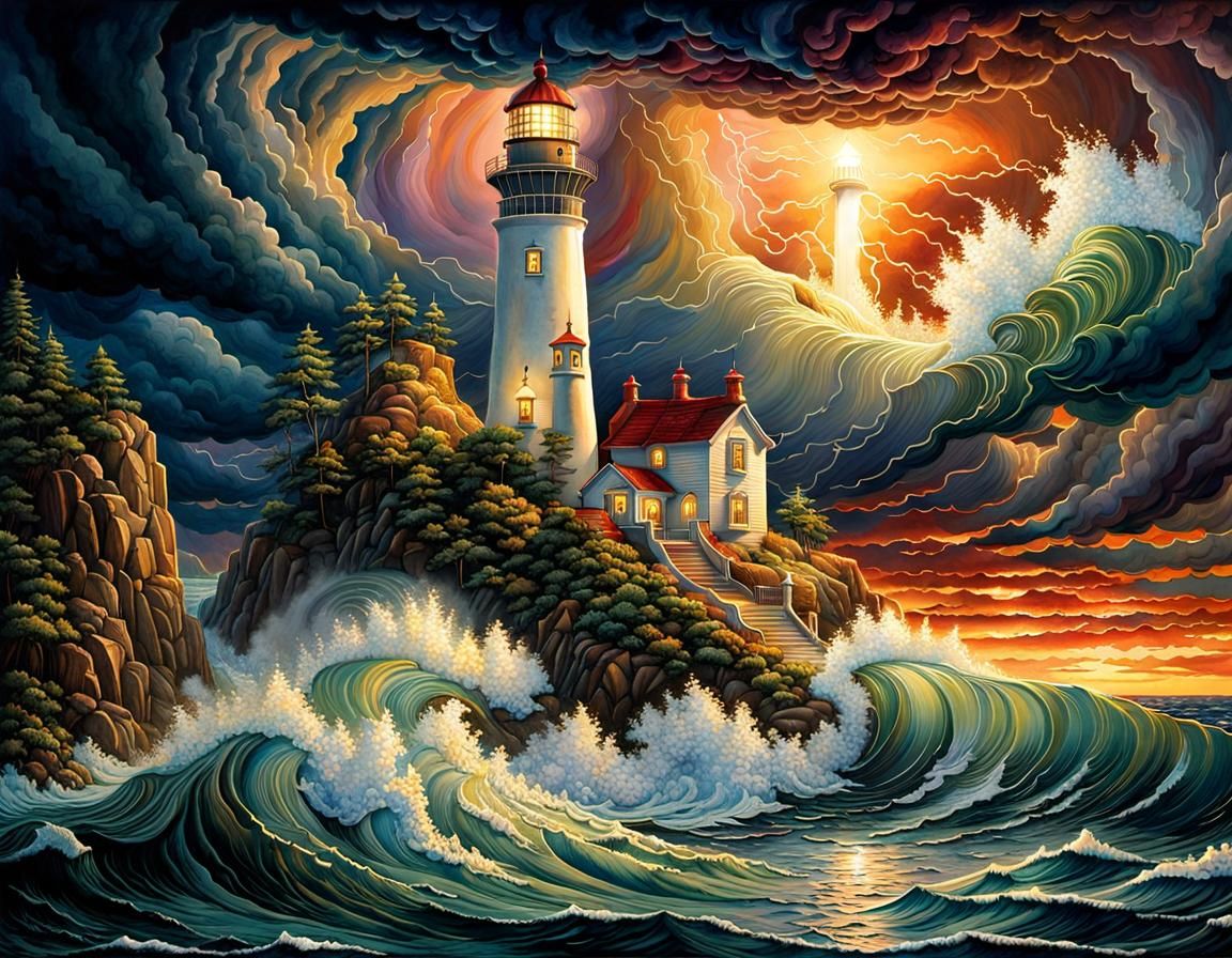 Lighthouse in Stormy Sunset: Fantasy Concept Art