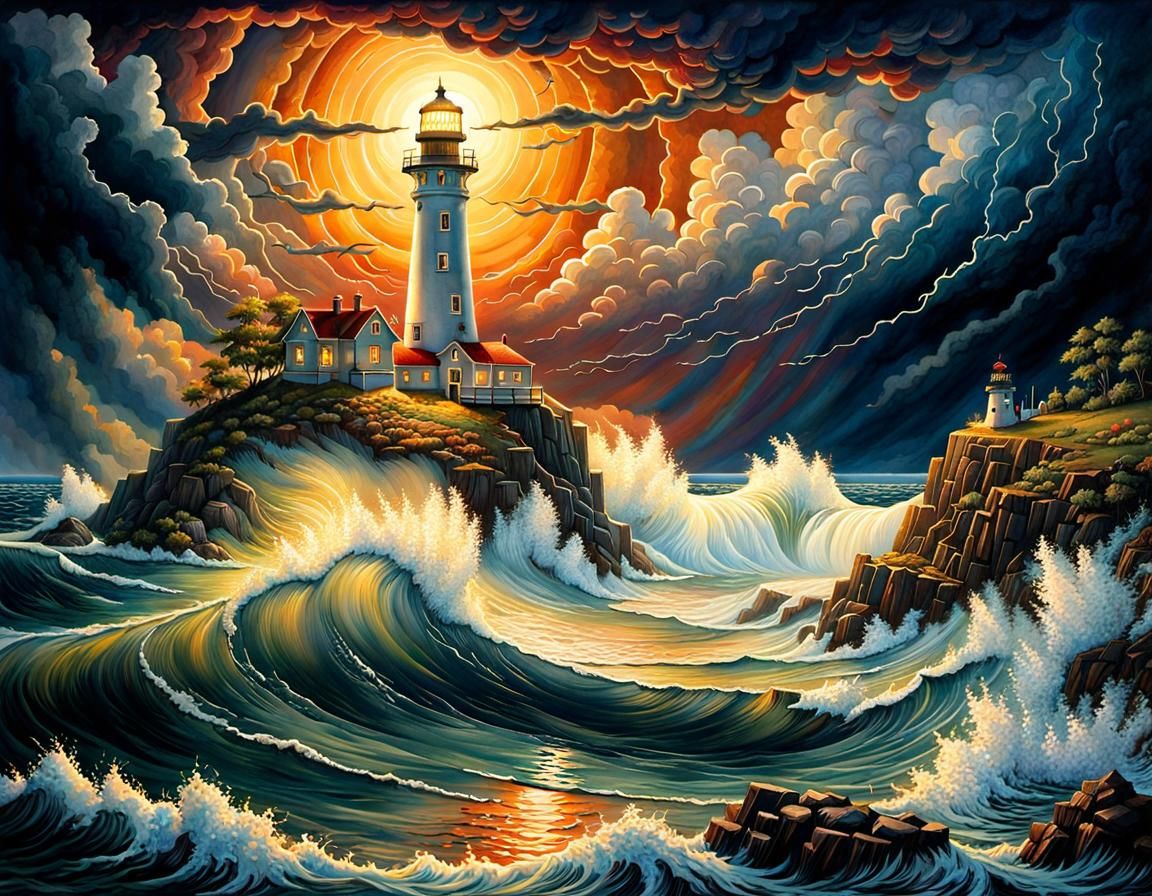 Lighthouse in Sunset Storm, Detailed Watercolor Art