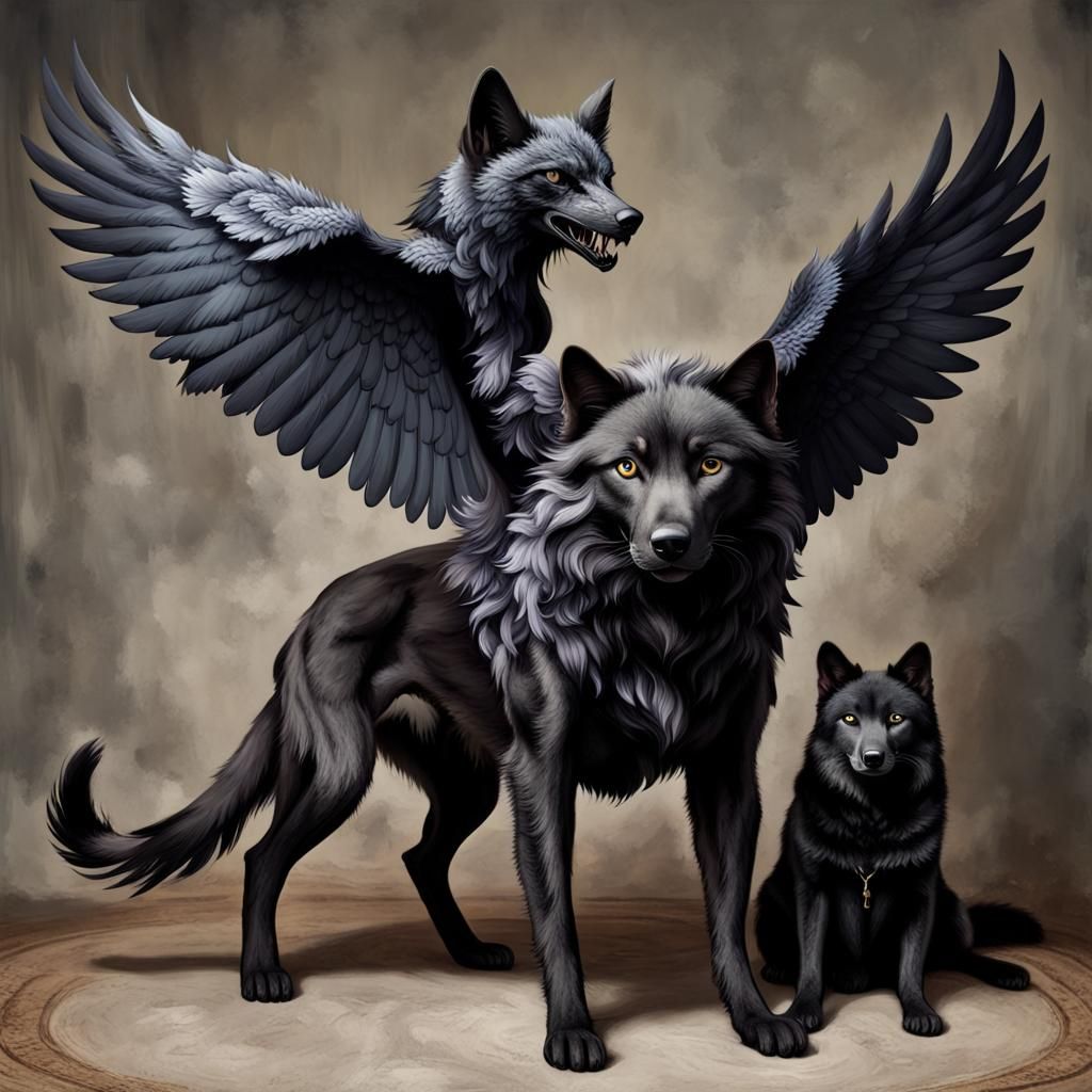 Mythical Chimera: Cat Body, Raven Wings, Wolf Head