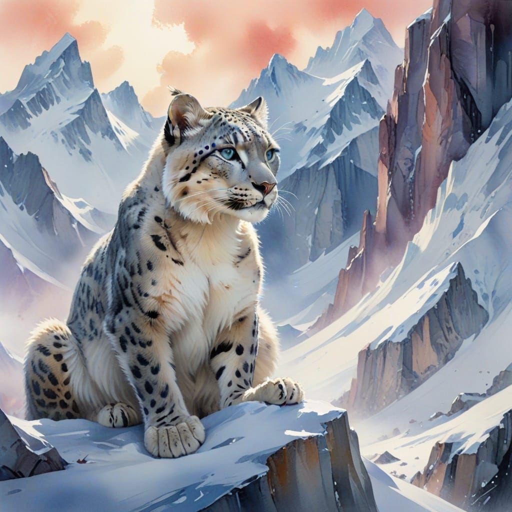 Snow Leopard in Ethereal Watercolour Mountain Landscape