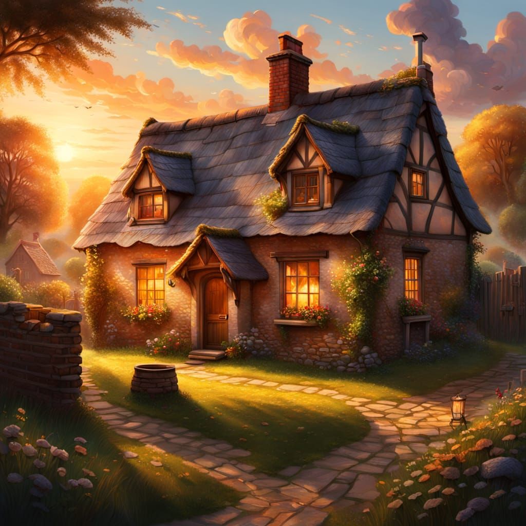 English Village Sunset in Realistic Oil Painting Style