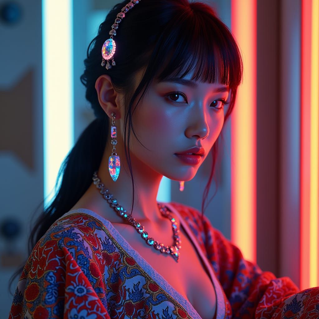 Neon-Noir Portrait of Woman with Futuristic Jewelry