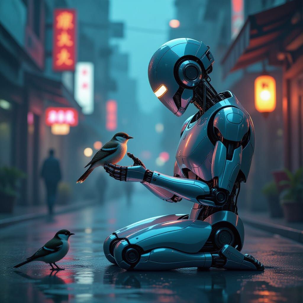 Cyberpunk Robot Cradles Injured Bird in Neon City