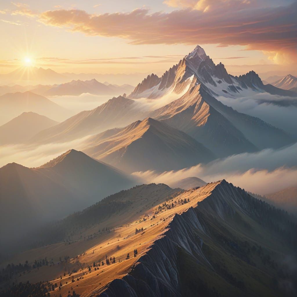 Mountains at Sunrise in Soft Impressionist Style