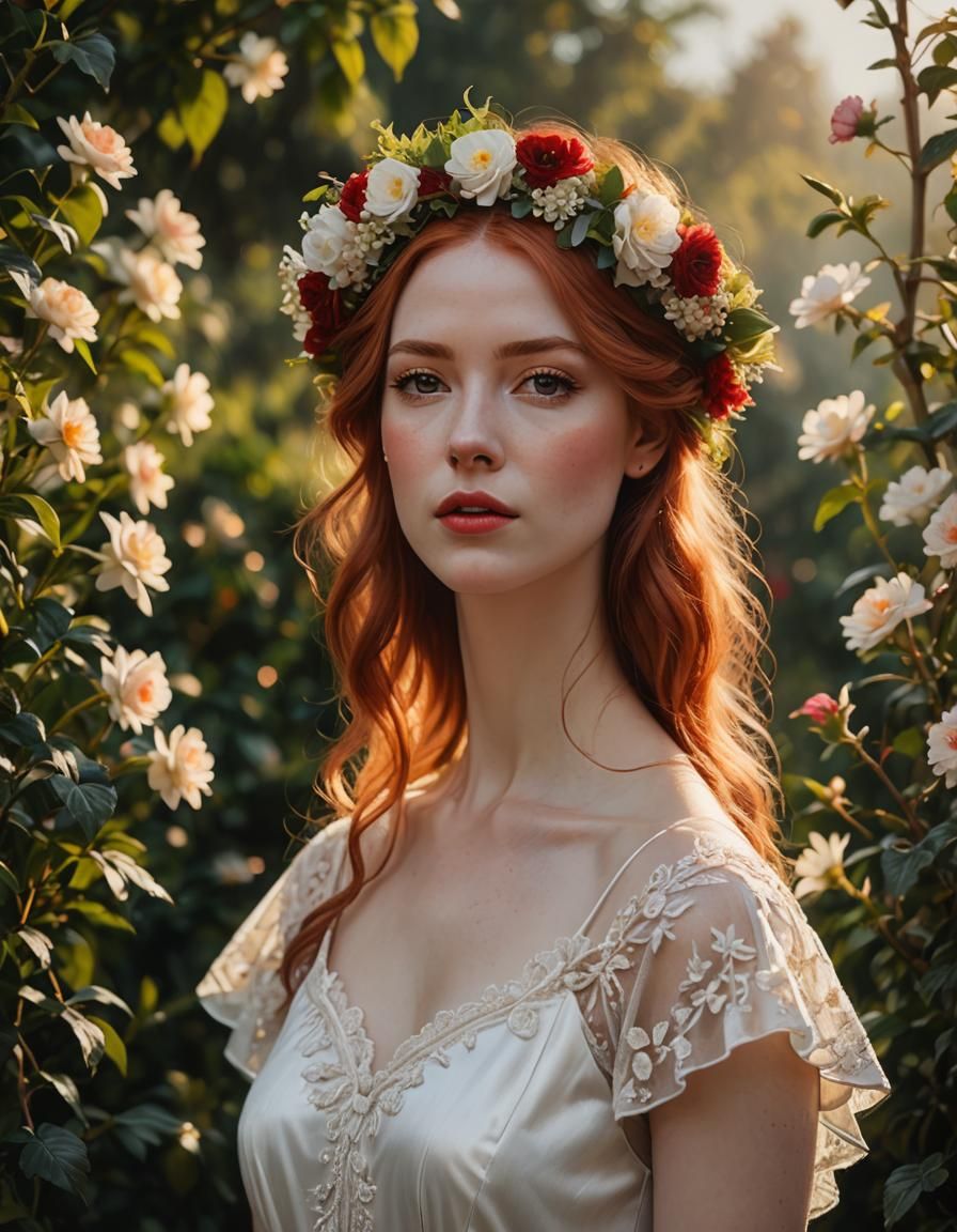 Romantic Portrait of Girl with Flower Crown in Art Nouveau S...