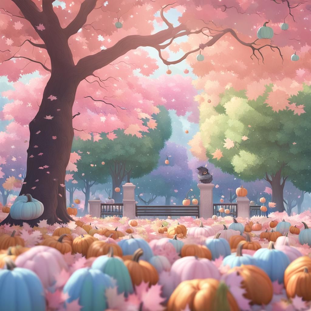 Pastel Autumn Scene with Pumpkins and Owls