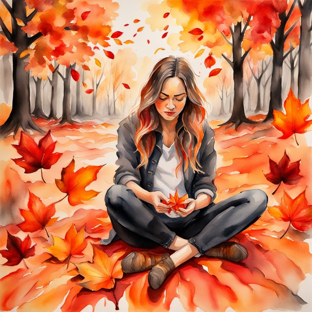 Woman Tossing Leaves in Watercolor Autumn Scene
