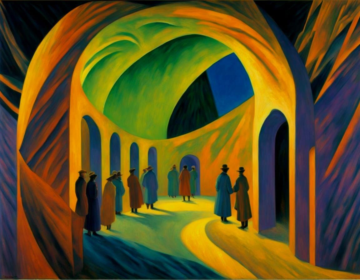 Prismatic Electric Revelry Through an Archway