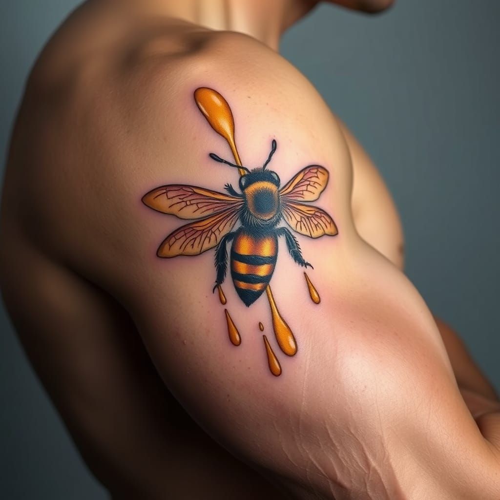 Muscular Man's Honey Bee Tattoo in Realistic Style