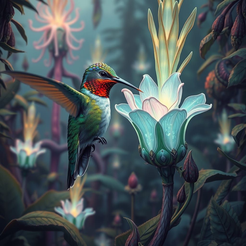 Iridescent Hummingbird in a Hyperrealistic Alien Jungle