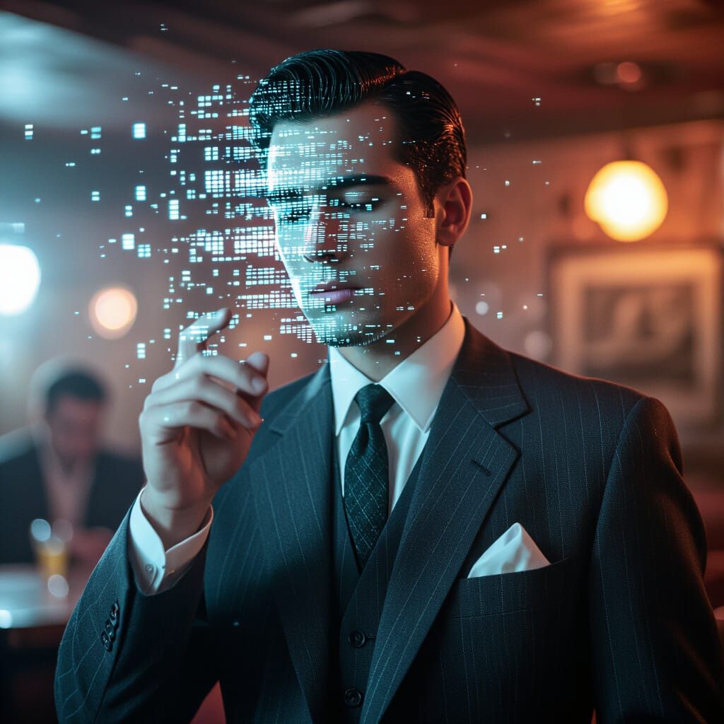 Man in 1950s Suit Snapping Fingers, Digital Noise Effect