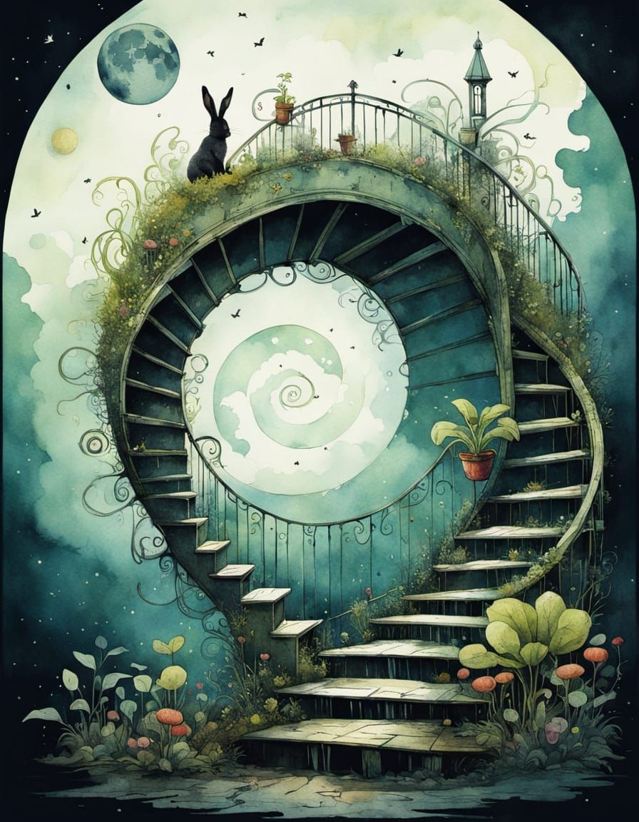 Whimsical Surreal Staircase to the Moon