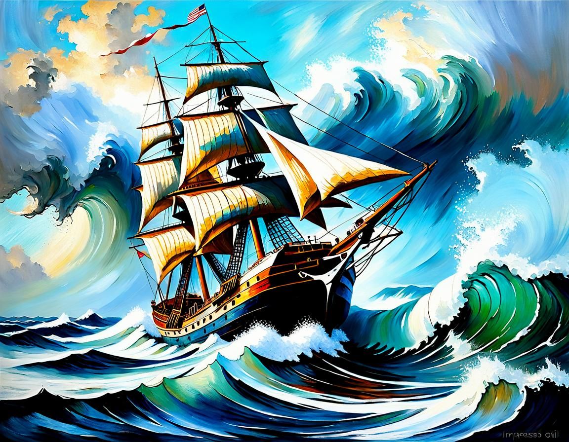 Sailing Ship Overwhelmed by Tidal Wave in Impressionistic Oi...