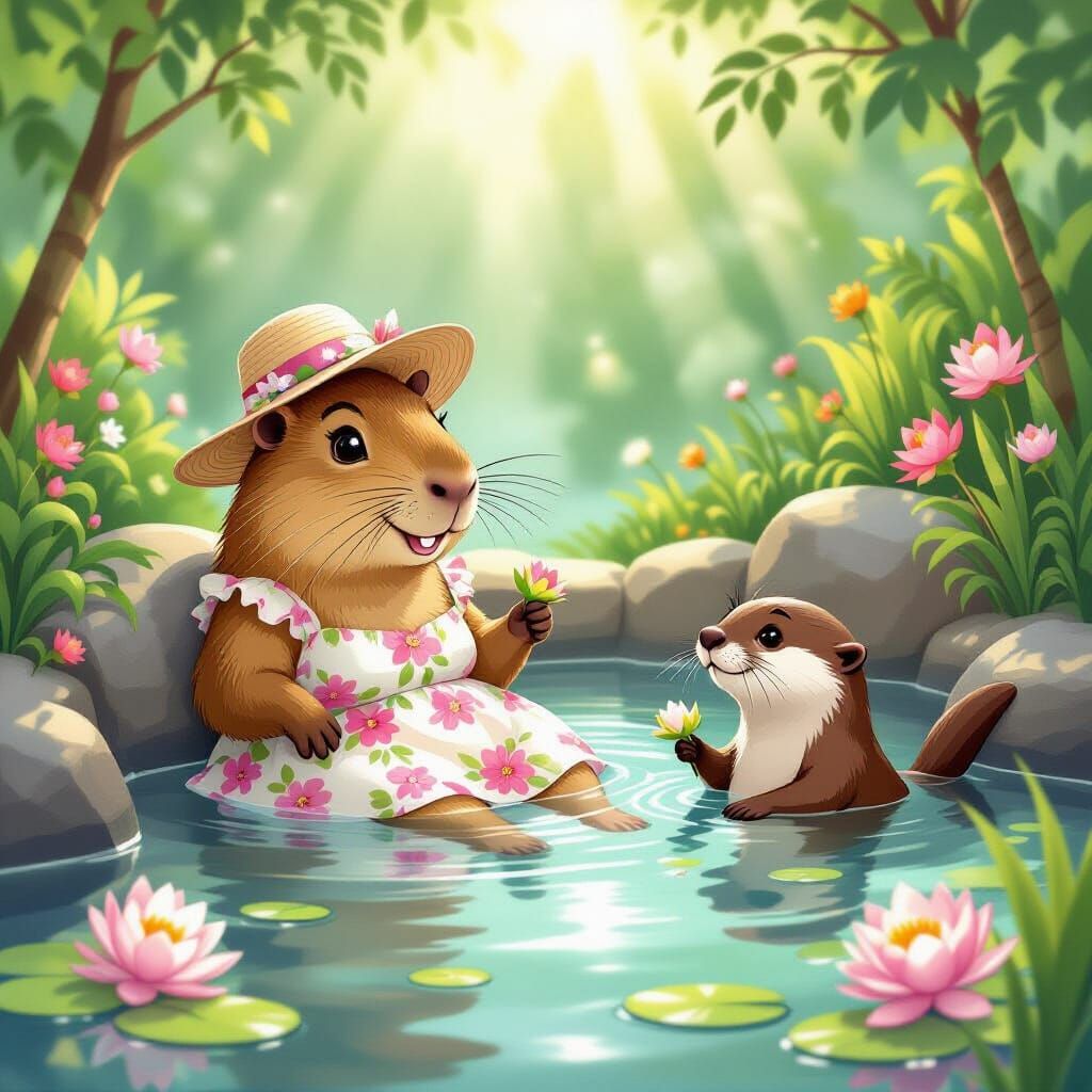 Capybara in Hot Spring, Cartoon Style
