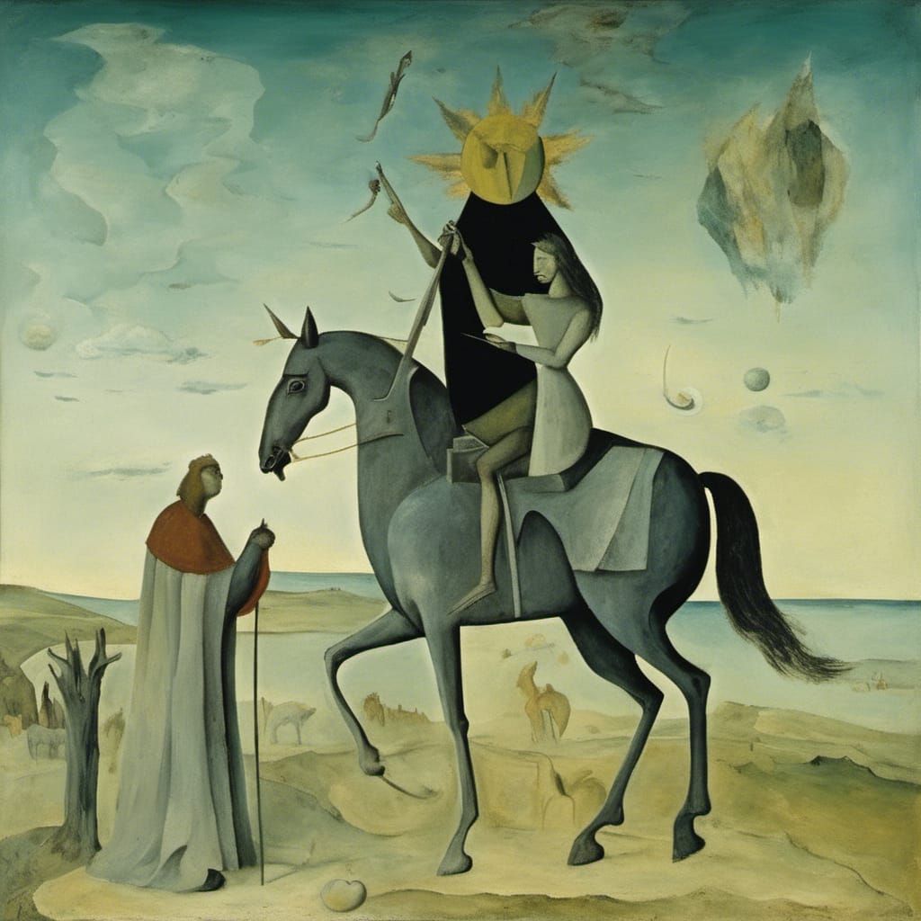 Cyberpunk Sun God Riding Horse with Lute