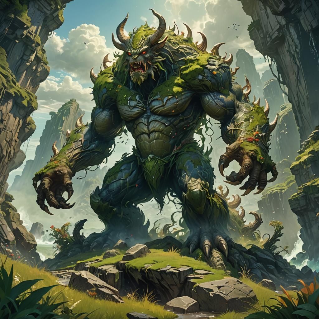Giant Earth Monster God in Mythic Landscape