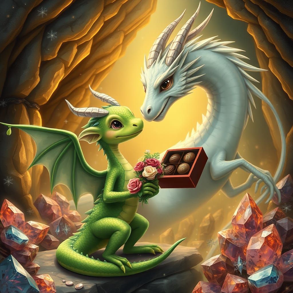 Green Dragon Courting White Dragon in Jeweled Cave