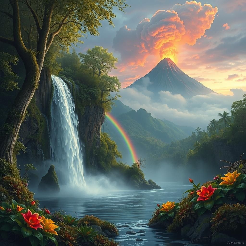Waterfall and Erupting Volcano in Romantic Style