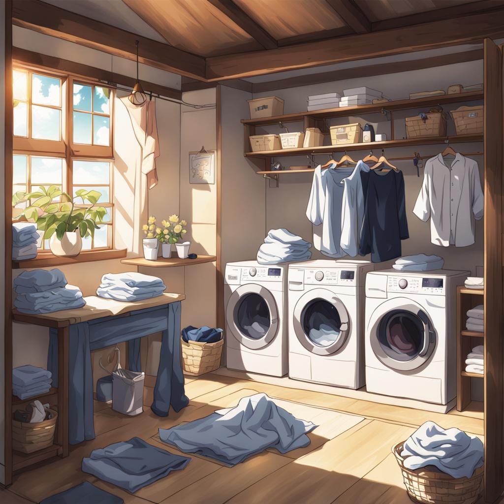 Cozy Anime Room: Folding Laundry in Sunlight