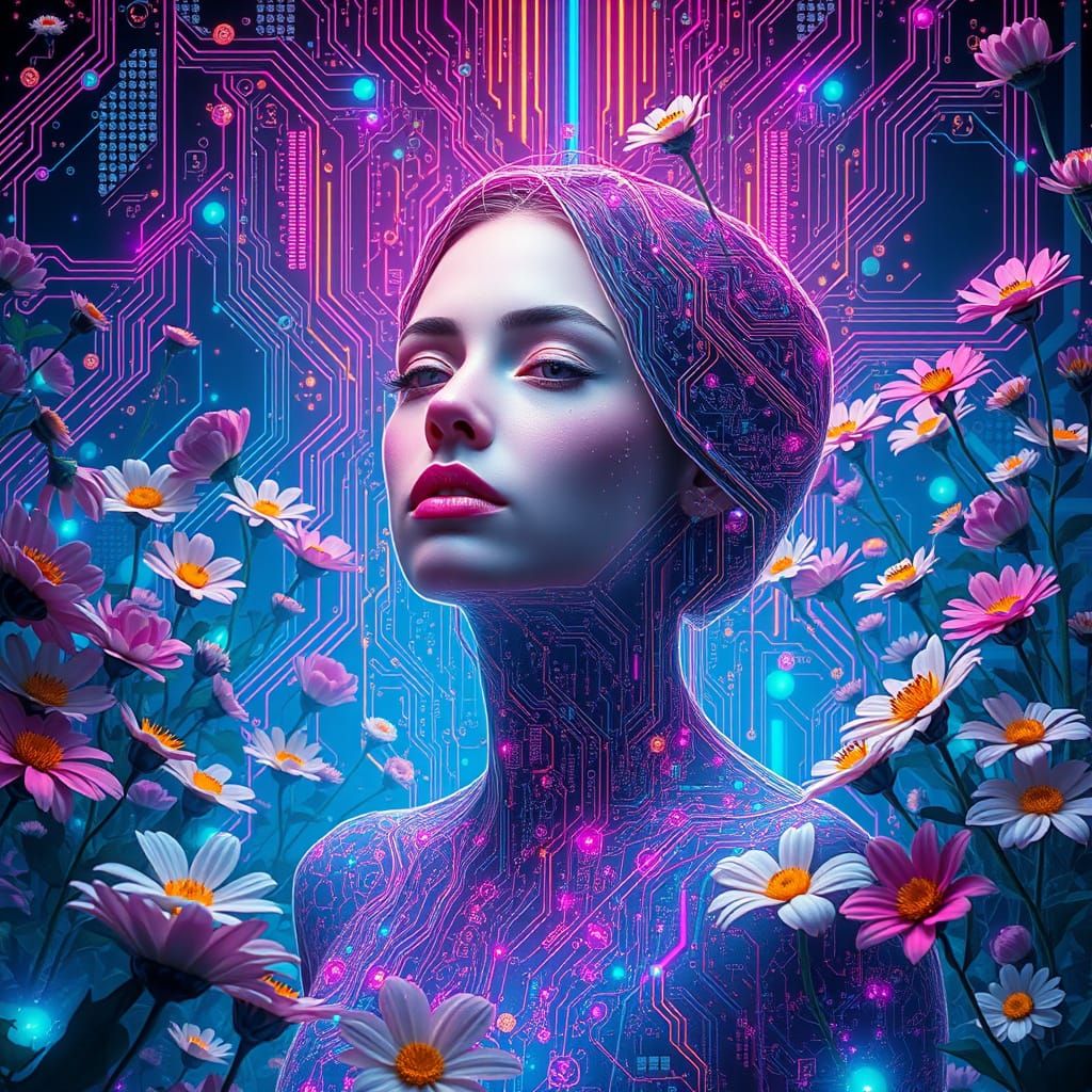 Ethereal Woman in Circuit Board Garden