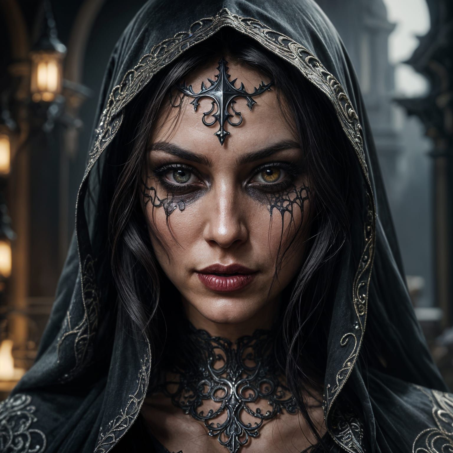 Ethereal Priestess Emerges from Dark Gothic Veil