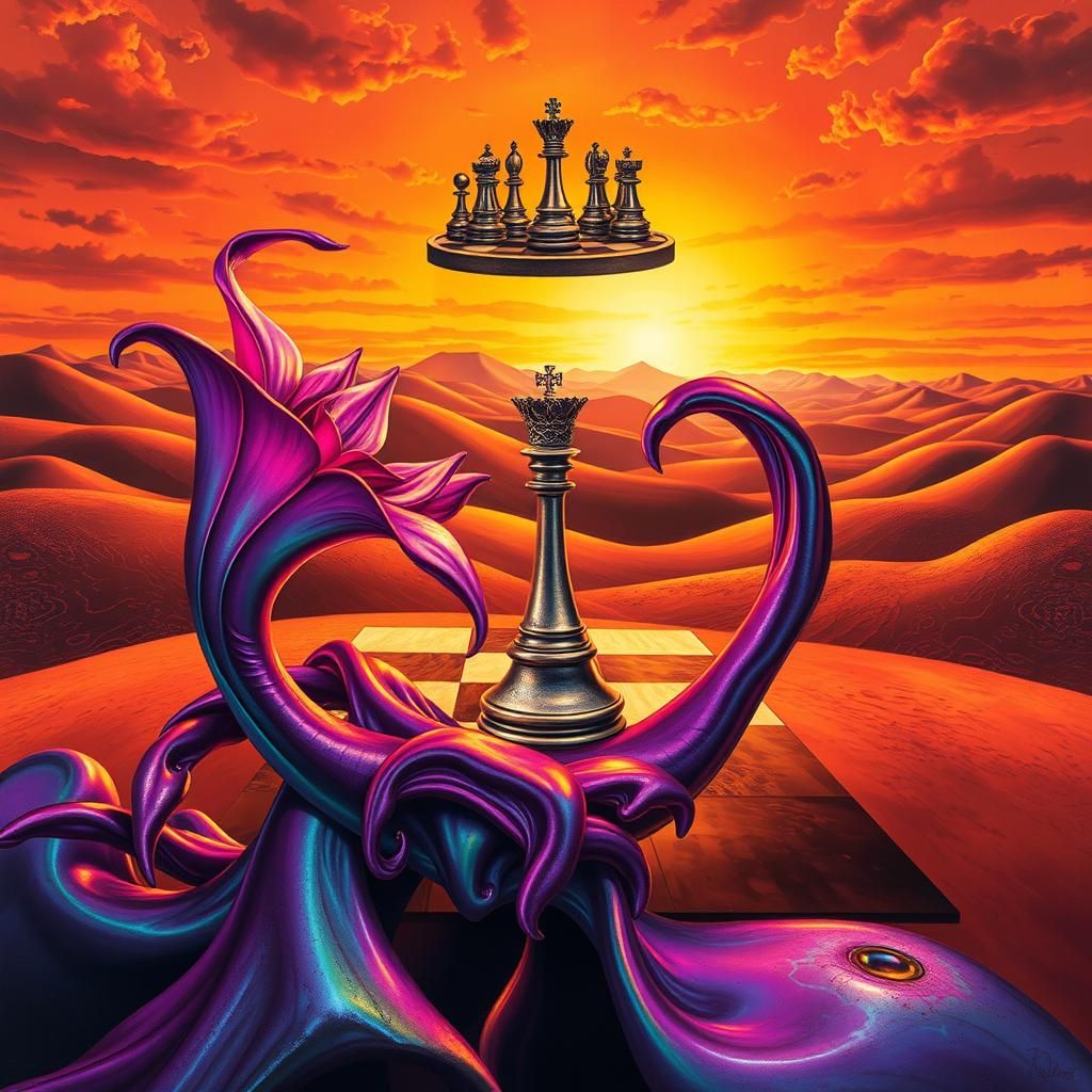 Surreal Landscape with Melting Flora and Floating Chess