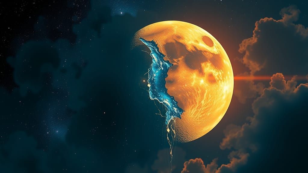 Nebula Waterfall from Fractured Moon, Hyperrealistic Art