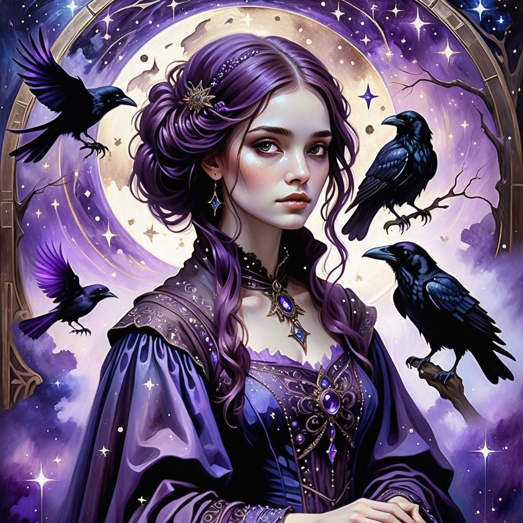 Girl with Raven in Renaissance Oil Painting