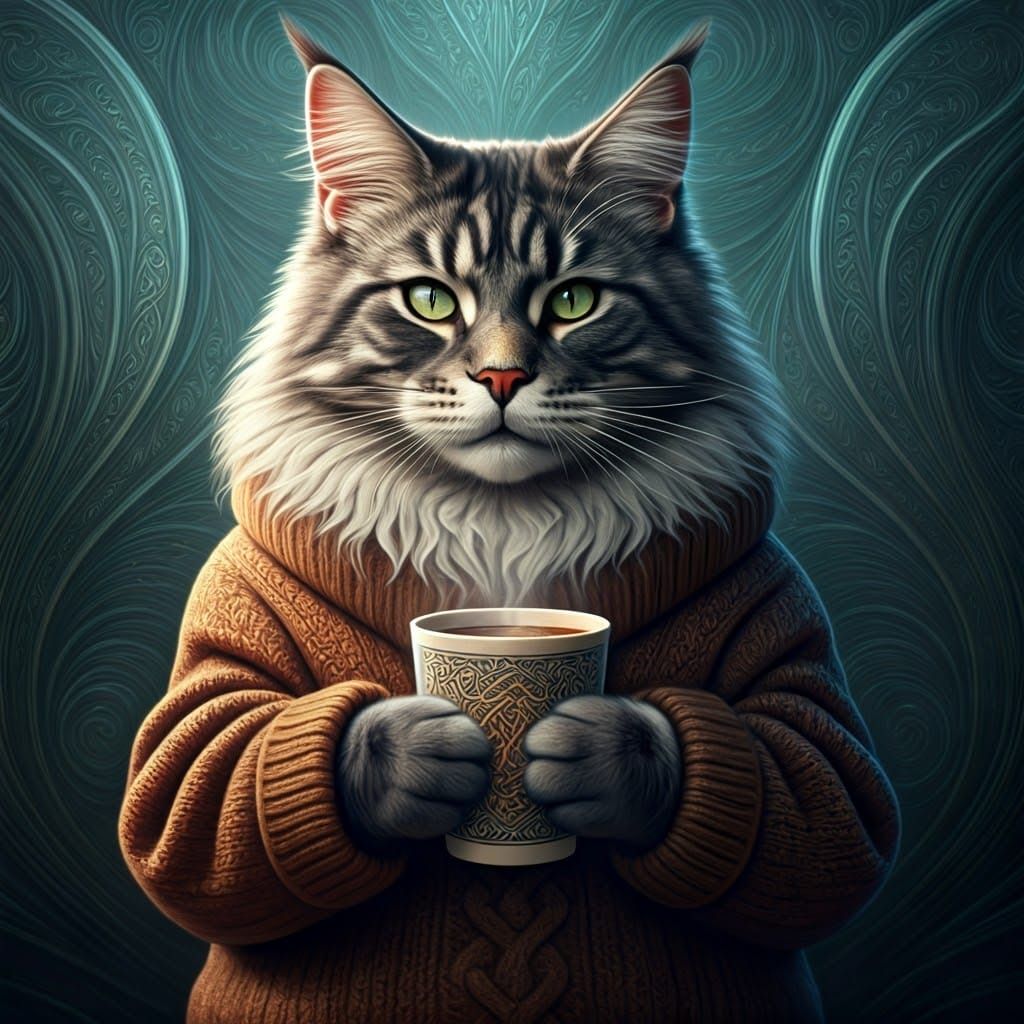 Majestic Mainecoon Cat Enjoys Coffee in Cozy Sweater